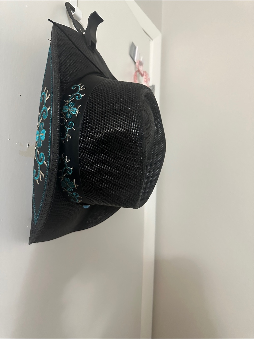 NWT Black Straw Fedora Hat with Turquoise Embroidered Accents